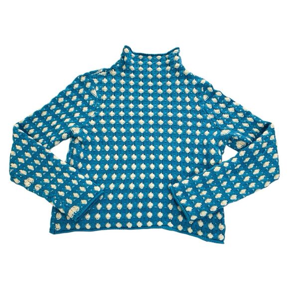 Anthropologie Sleeping on Snow Sweater S Blue Crochet Popcorn Mock Neck - Picture 2 of 8
